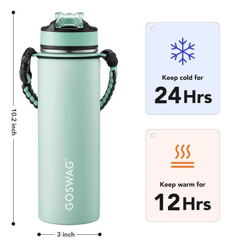 GOSWAG Insulated Sports Water Bottle, 24oz 2 Lids(with Straw/No Straw), Stainless Steel Water Bottles with Paracord Handle, Insulated Bottle with Double-Wall Vacuum Insulation - Image 2