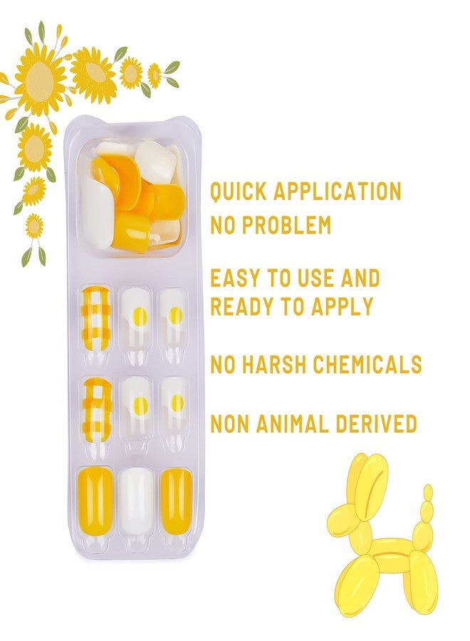 ليك أظافر لاصقة - 30 قطعة مربعة الشكل قابلة لإعادة الاستخدام أظافر صناعية/اصطناعية/أظافر أكريليك لتطويل الأظافر لون أصفر مشرق مع أبيض لؤلؤي وطبعة مربعات (عبوة من 30 قطعة) - Image 3