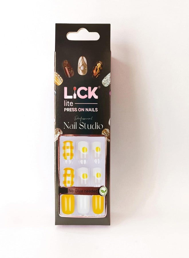 ليك أظافر لاصقة - 30 قطعة مربعة الشكل قابلة لإعادة الاستخدام أظافر صناعية/اصطناعية/أظافر أكريليك لتطويل الأظافر لون أصفر مشرق مع أبيض لؤلؤي وطبعة مربعات (عبوة من 30 قطعة) - Image 5