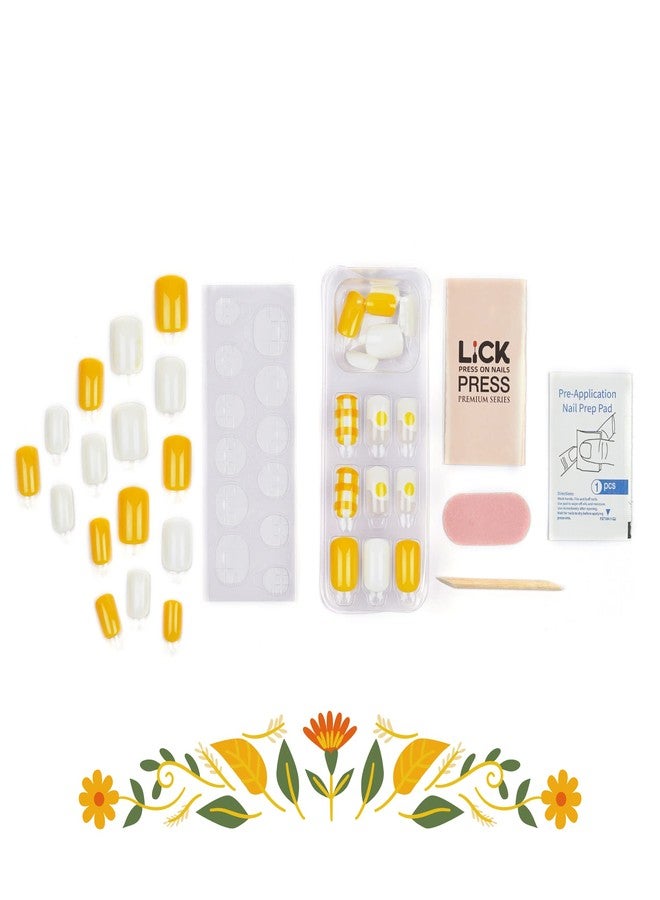 ليك أظافر لاصقة - 30 قطعة مربعة الشكل قابلة لإعادة الاستخدام أظافر صناعية/اصطناعية/أظافر أكريليك لتطويل الأظافر لون أصفر مشرق مع أبيض لؤلؤي وطبعة مربعات (عبوة من 30 قطعة) - Image 4