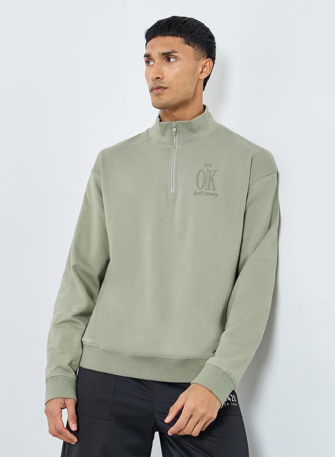 Styli Men Khaki Slogan Print Half Zip Sweatshirt - Image 3