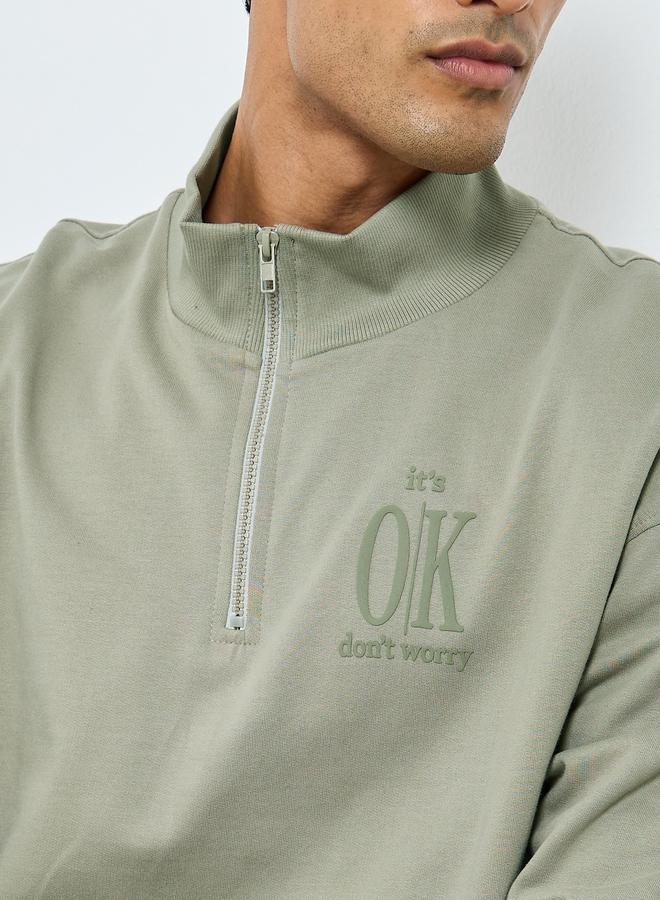 Styli Men Khaki Slogan Print Half Zip Sweatshirt - Image 4