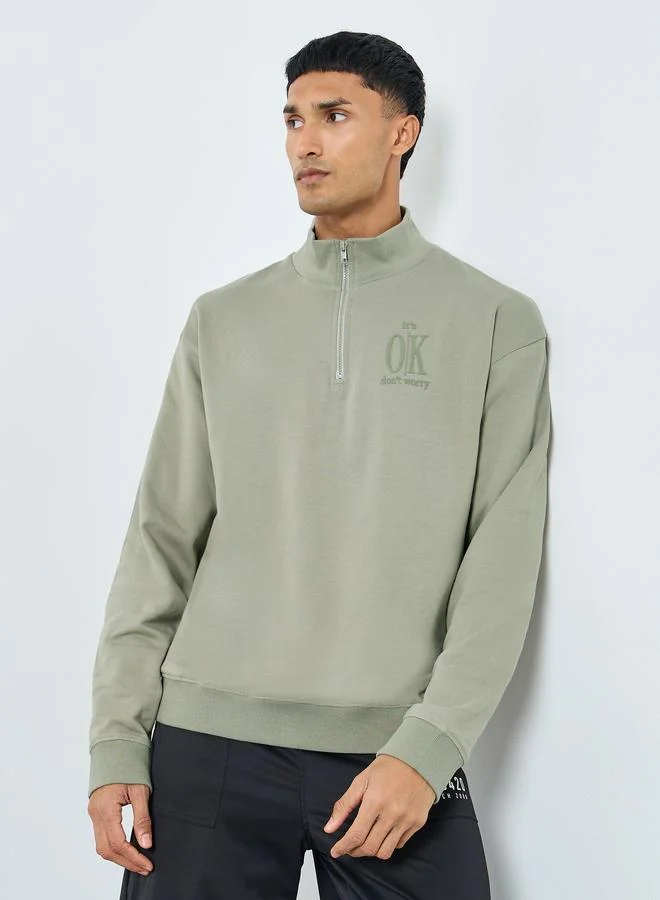 Styli Men Khaki Slogan Print Half Zip Sweatshirt