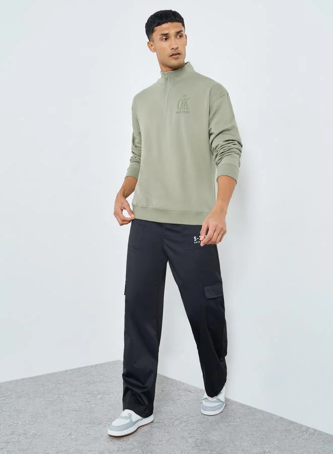 Styli Men Khaki Slogan Print Half Zip Sweatshirt