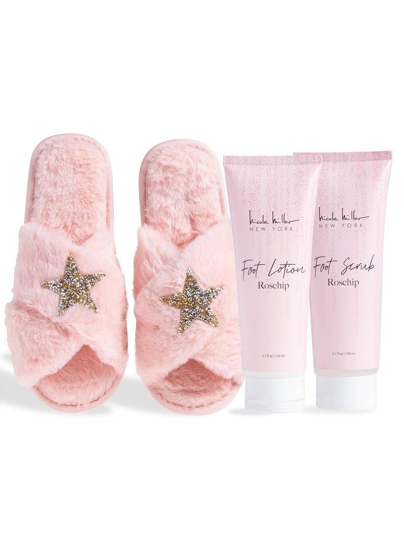 Nicole Miller New York - Nicole Miller Bath and Body Present Set Piece Foot Spa Set with Fuzzy Slippers a Sponge Foot Lotion and Foot Scrub Rosehip with Sparkle Star Slippers - Image 1
