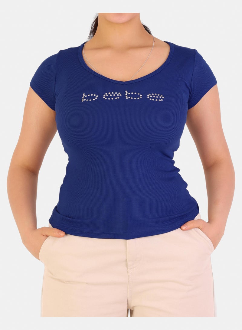 bebe Rhinestone Embellished Ribbed V-Neck Short Sleeve Top - Image 1
