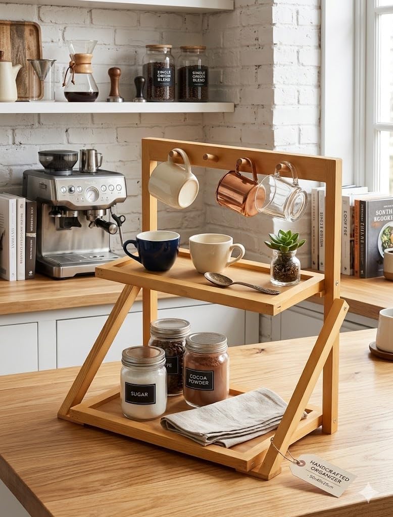 "Stylish Minimalist Design Wall Wooden Coffee Rack - Kitchen Decor Organizer, Single Shelf Storage, Perfect for Coffee Corner and Cutlery, Natural Brown" - Image 1