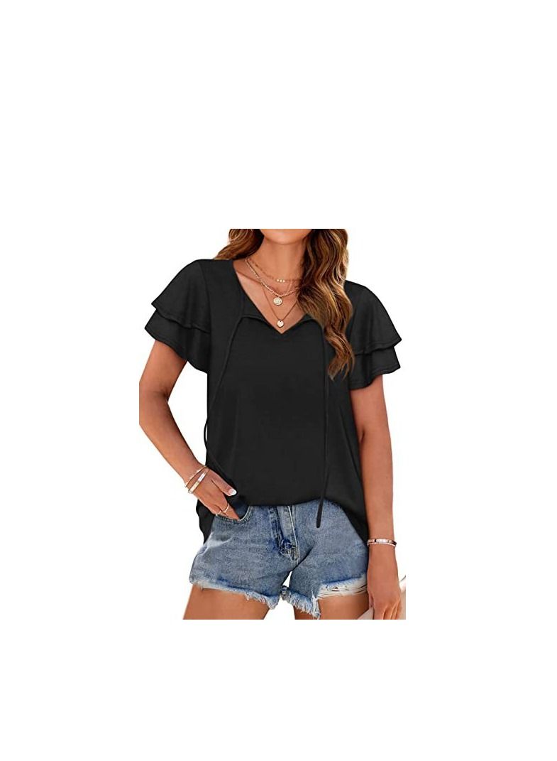 Loquat New Women's V-neck Double-layer Lotus Leaf Short Sleeve T-Thirt 
