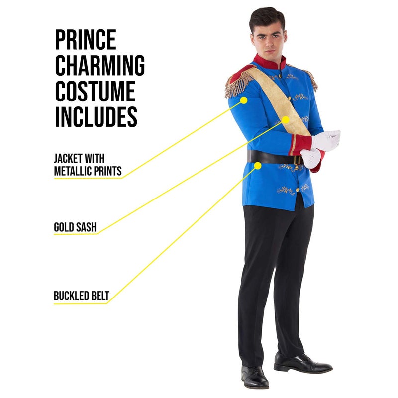 Morph Prince Charming Costume for Men – Royal Jacket, Sash & Belt – Adult Prince Outfit for Halloween, Parties & Events, Blue, L - Image 2