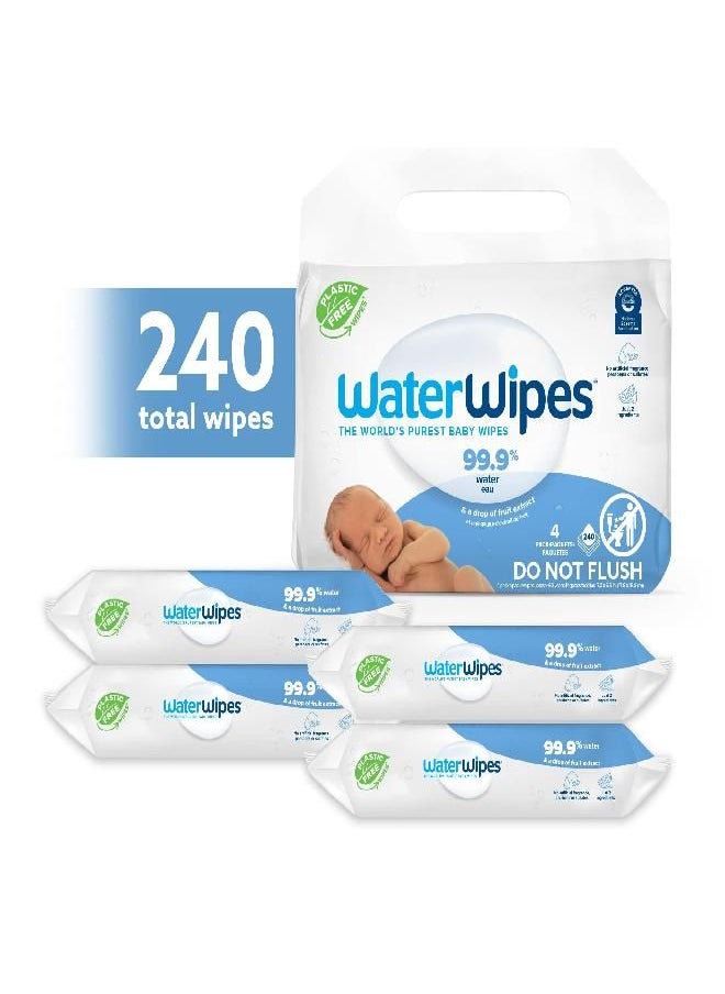 WaterWipes - WaterWipes Plastic-Free Original Baby Wipes, 99.9% Water Based Wipes, Unscented & Hypoallergenic for Sensitive Skin, 240 Count (4 packs), Packaging May Vary - Image 1