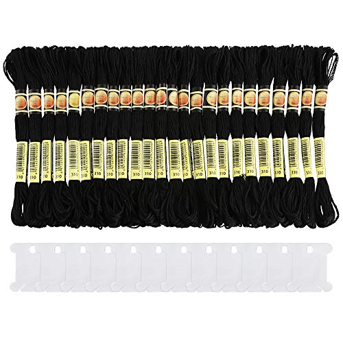 Pllieay 24 Skeins Friendship Bracelets Floss, Black Embroidery Threads Cotton Embroidery Floss with 12 Pieces Floss Bobbins for Halloween Knitting, Embroidery Stitching and Cross Stitch Project - Image 1