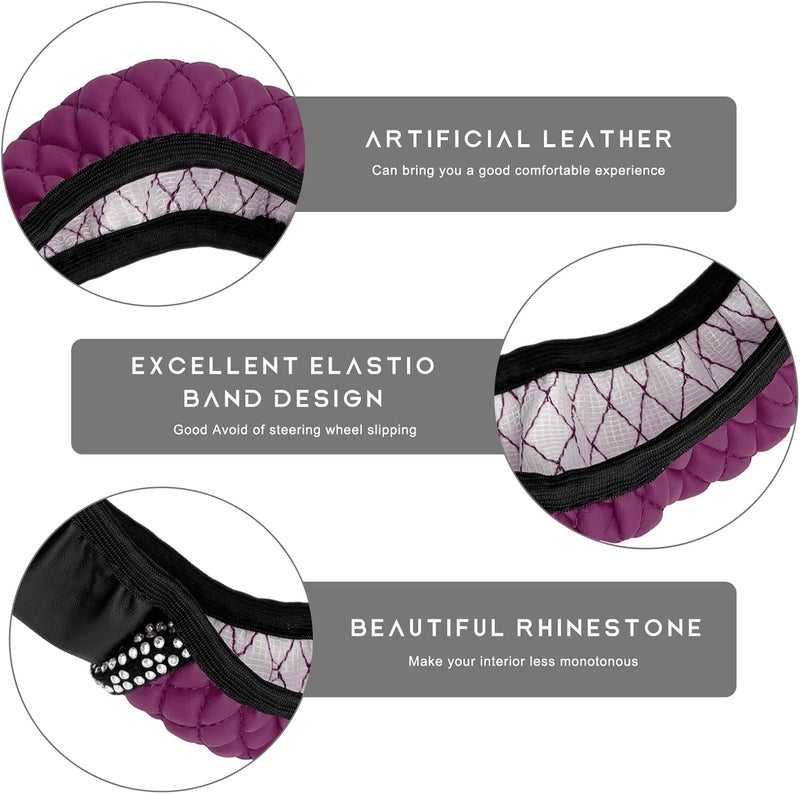 ZNDAW Bling Car Steering Wheel Cover, 15 Inch Sparkly Rhinestone Soft Leather Steering Wheel Protector, Non-Slip Universal Auto Elastic Steering Wheel Covers for Women Girls (Purple) - Image 3