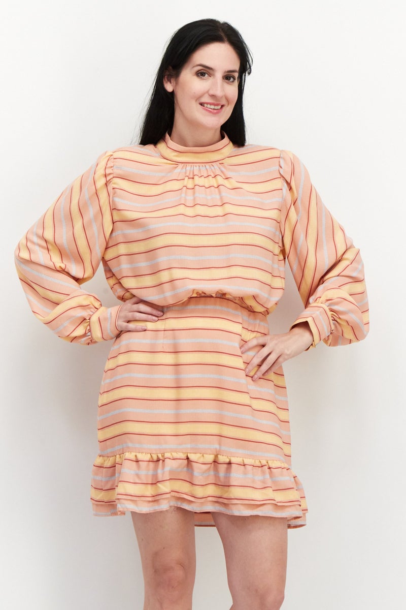 LeRumi Women Stripe Slit Back Long Sleeves Mini Dress, Multicolor - Image 1