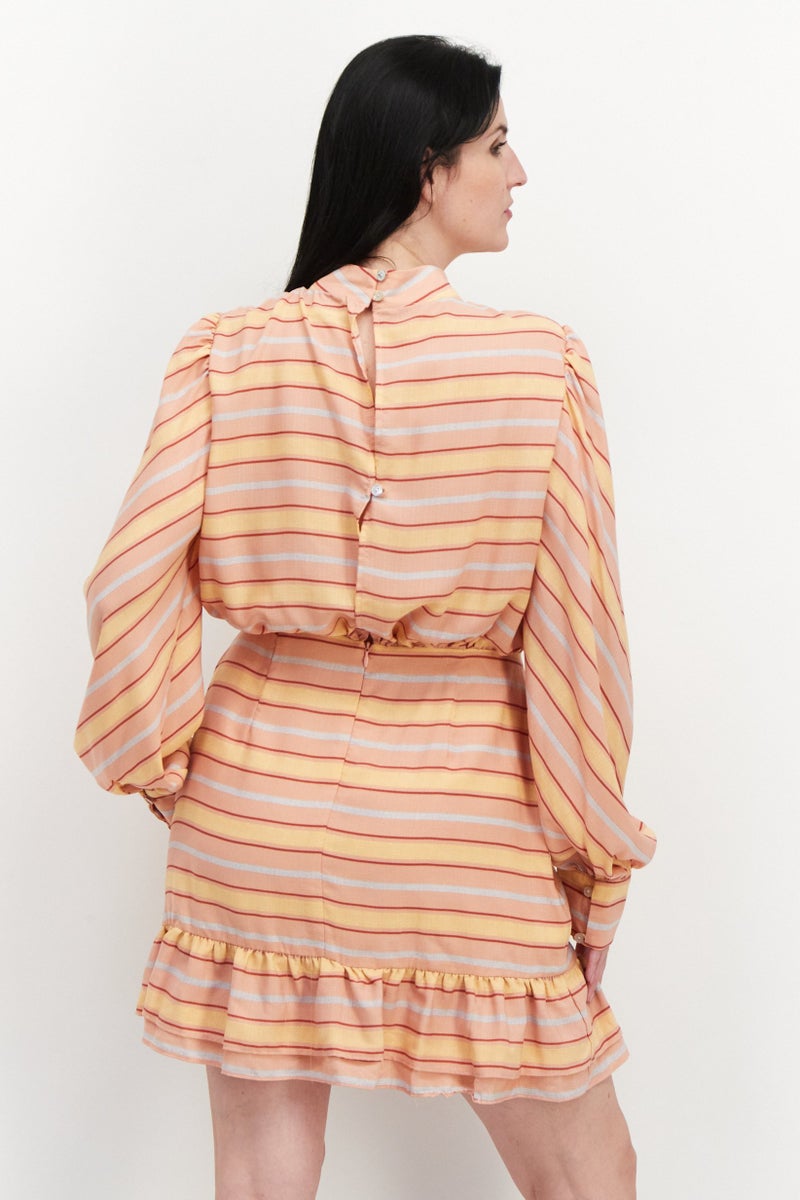 LeRumi Women Stripe Slit Back Long Sleeves Mini Dress, Multicolor - Image 3