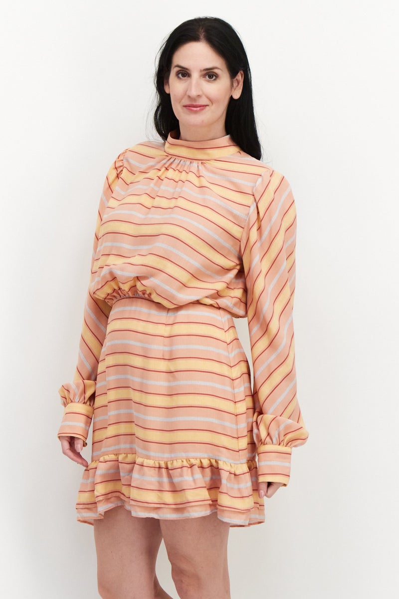 LeRumi Women Stripe Slit Back Long Sleeves Mini Dress, Multicolor - Image 2