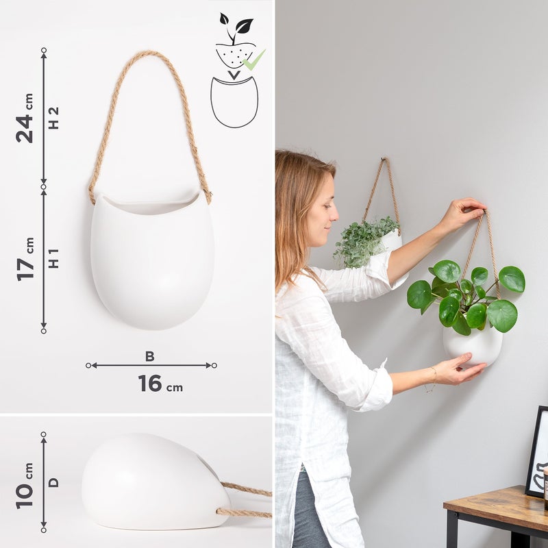 Kazai. Wall Planters -Ellie- | Hanging Ceramic Plant Pots 2 Pieces | Wall Decoration for Indoors, Balcony and Garden | White (Matte) - Image 4