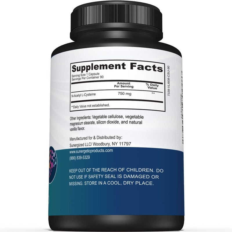 Sunergetic Premium NAC Supplement NAcetyl Cysteine  750mg Per Capsule  Supports Liver Detox Immune Cellular  Respiratory Health  90 N Acetyl Cysteine Capsules - Image 2