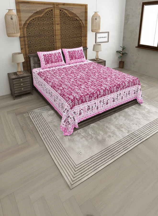 CLOTHOLOGY CLOTHOLOGY Pink & White Floral 180 TC King Bedsheet with 2 Pillow Covers