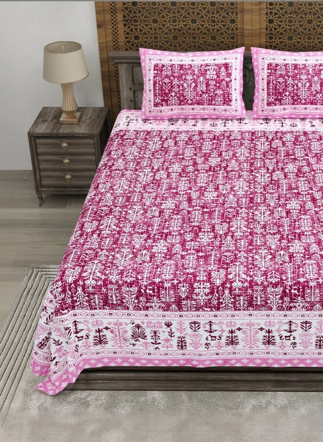 CLOTHOLOGY CLOTHOLOGY Pink & White Floral 180 TC King Bedsheet with 2 Pillow Covers