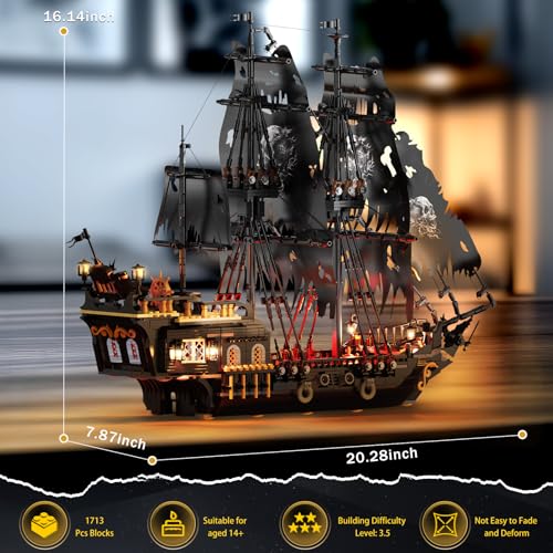 Brihappen Pirate Ship Model Building Set for Adults Boys Girls Black Pearl Ship Model with Light Sail Boat Construction Toys Collectible Display Home Office Decor Birthday Gifts1713 Pieces - Image 5