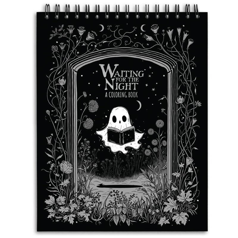 ConQuest Journals Waiting for the Night Coloring Book, Bookish-Themed Gothic-Inspired Color Pages, 30 Perforated Premium 160 gsm Paper Sheets, Top-Spiral, Durable Board-Wrapped Bookboard, 8'' x 10.5'' - Image 1