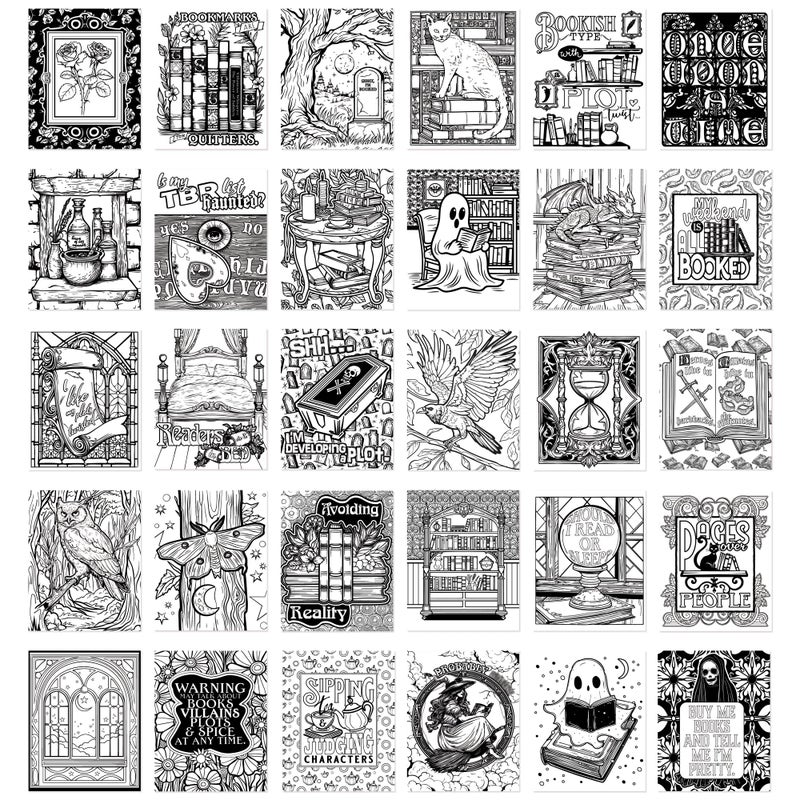 ConQuest Journals Waiting for the Night Coloring Book, Bookish-Themed Gothic-Inspired Color Pages, 30 Perforated Premium 160 gsm Paper Sheets, Top-Spiral, Durable Board-Wrapped Bookboard, 8'' x 10.5'' - Image 2