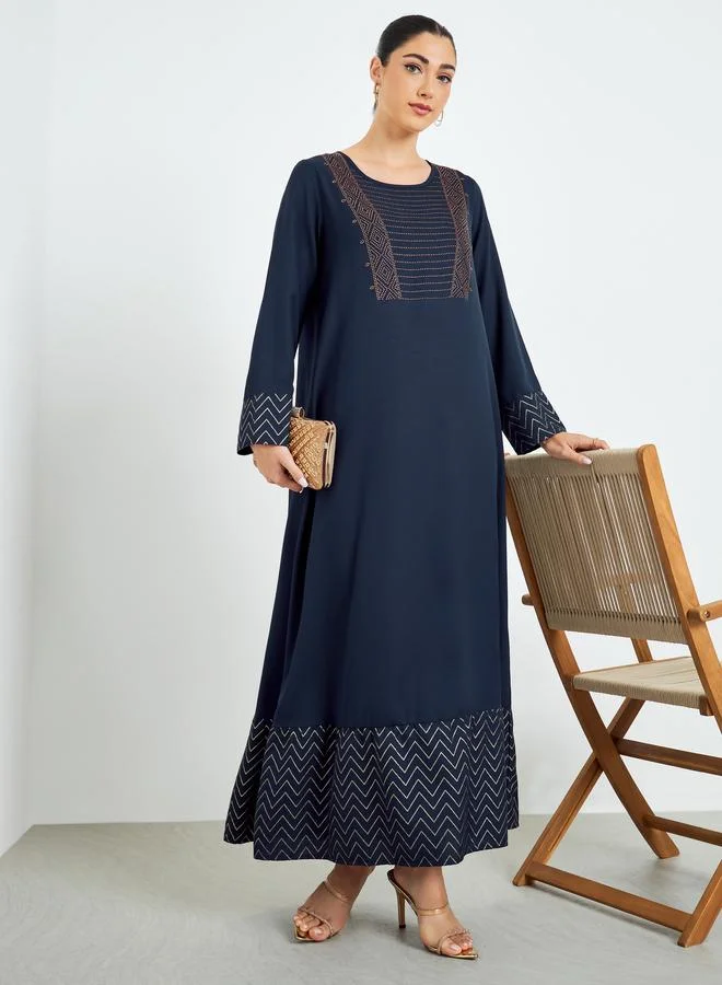 Navy Blue Geo Foil Print Jalabiya