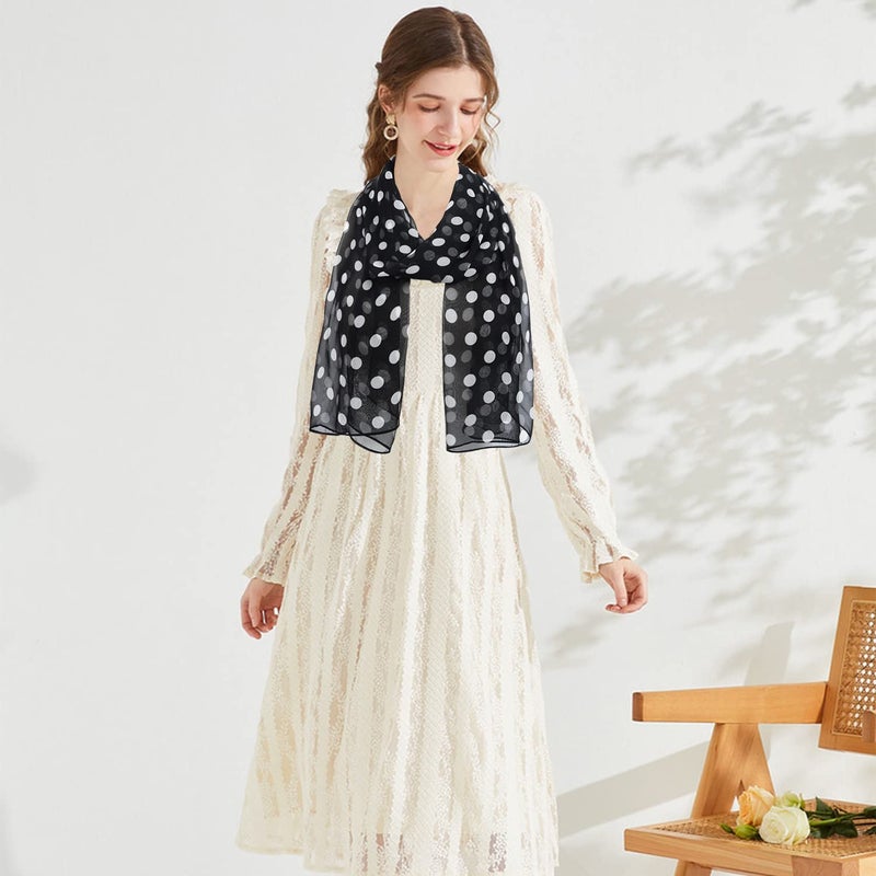 E-Clover 1950s Chiffon Scarf Long Polka Dot Scarfs Vintage 50s Sheer Neck Head Scarves Shawl for Women Black White Mothers Day Gifts - Image 2