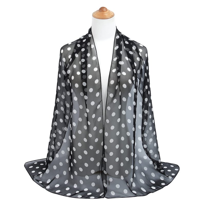 E-Clover 1950s Chiffon Scarf Long Polka Dot Scarfs Vintage 50s Sheer Neck Head Scarves Shawl for Women Black White Mothers Day Gifts - Image 5