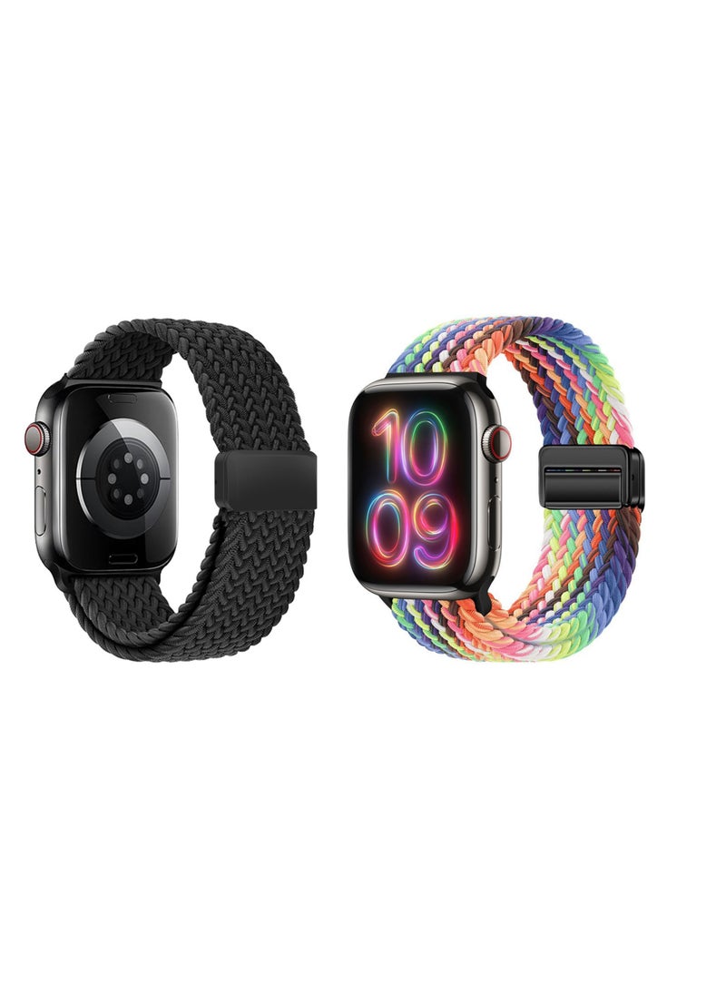Generic 2-Pack Magnetic Wristband Adjustable Nylon Strap for Apple Watch Series 10 46mm (Black and Rainbow)  - Image 1