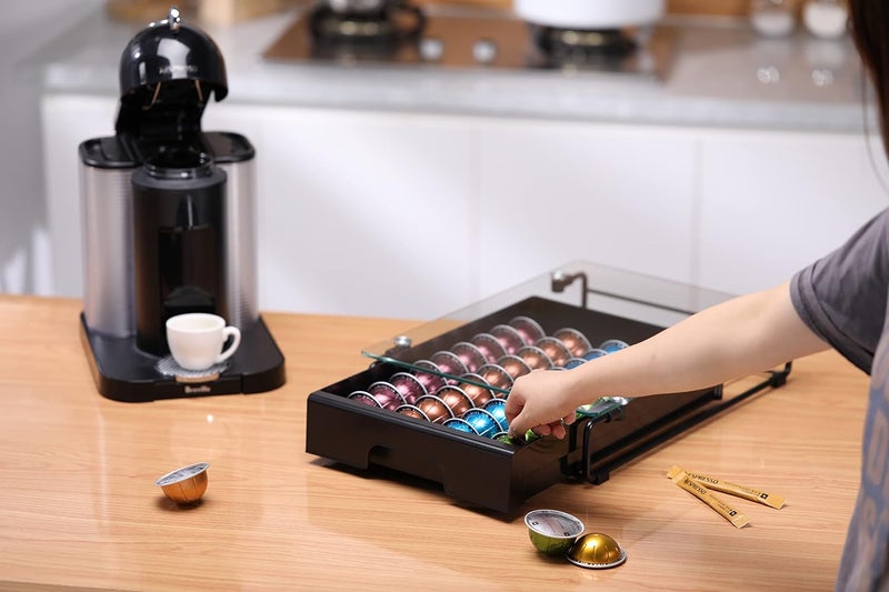 EVERIE منظم درج زجاجي مقسى شفاف متوافق مع كبسولات نسبرسو فيرتو، متوافق مع 40 كبسولة كبيرة أو 52 كبسولة صغيرة من فيرتولين، بعرض 12 بوصة وعمق 15.6 بوصة وارتفاع 3.5 بوصة - Image 2