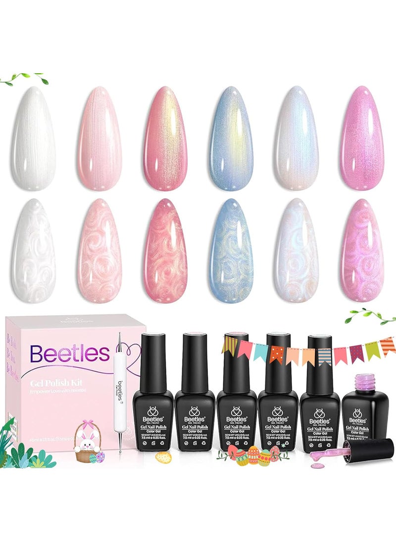 beetles Gel Polish Beetles Pearl Gel Nail Polish 6 Colors Shimmer Glitter White Pink Blue Gel Nail Polish Mermaid Soak Off Uv Led Summer Polish Swirl Thread Effect DIY Manicure Art Gift for Women 