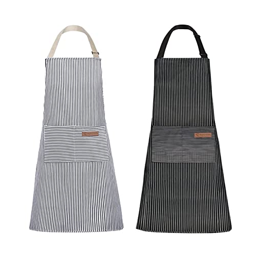 Tosewever 2 Pieces Kitchen Cooking Aprons Cotton Polyester Blend Adjustable Bib Aprons with 2 Pockets for Women Men Chef Chef NavyBlack Stripes 2