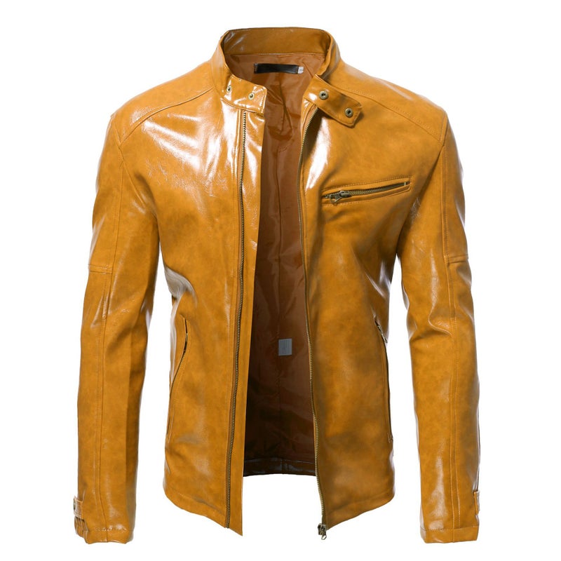 Foreign trade 2022 European and American fashion stand collar jacket mens slim zipper short coat wish New plus size leather coat men Dark brown - Image 2