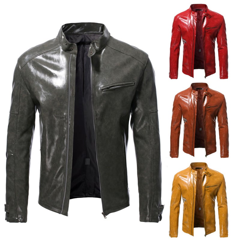 Foreign trade 2022 European and American fashion stand collar jacket mens slim zipper short coat wish New plus size leather coat men Dark brown - Image 5