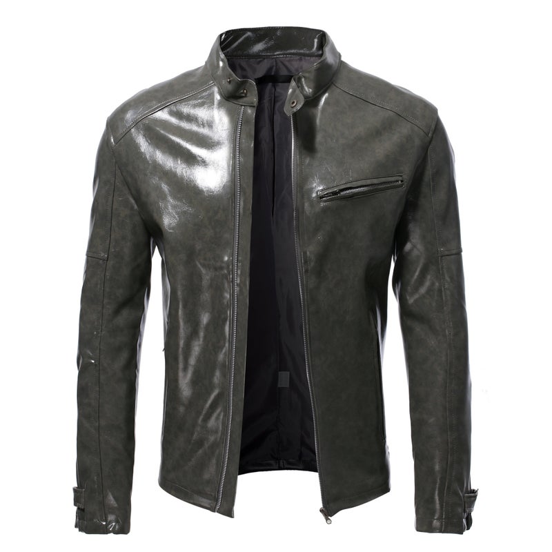 Foreign trade 2022 European and American fashion stand collar jacket mens slim zipper short coat wish New plus size leather coat men Dark brown - Image 3