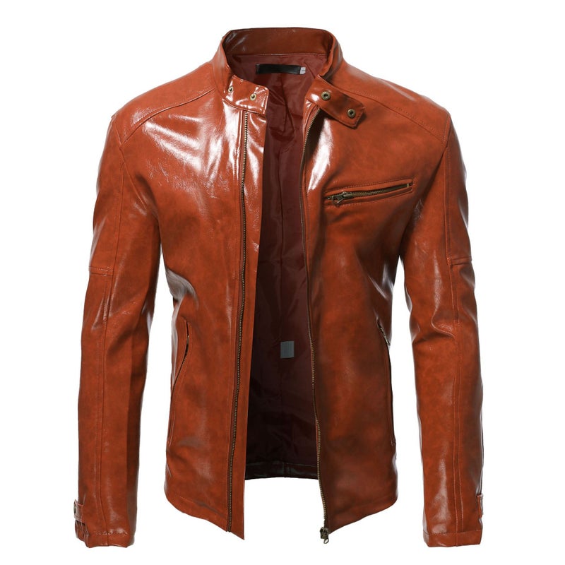 Foreign trade 2022 European and American fashion stand collar jacket mens slim zipper short coat wish New plus size leather coat men Dark brown - Image 1