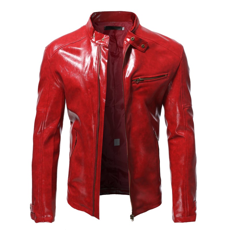 Foreign trade 2022 European and American fashion stand collar jacket mens slim zipper short coat wish New plus size leather coat men Dark brown - Image 4