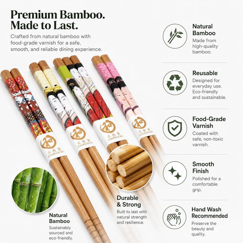 Exzact Chopsticks Gift Set - 5 Pairs of Reusable Natural Bamboo Chopsticks in a Beautiful Black Handmade Box - Decorated Japanese Style - Image 4
