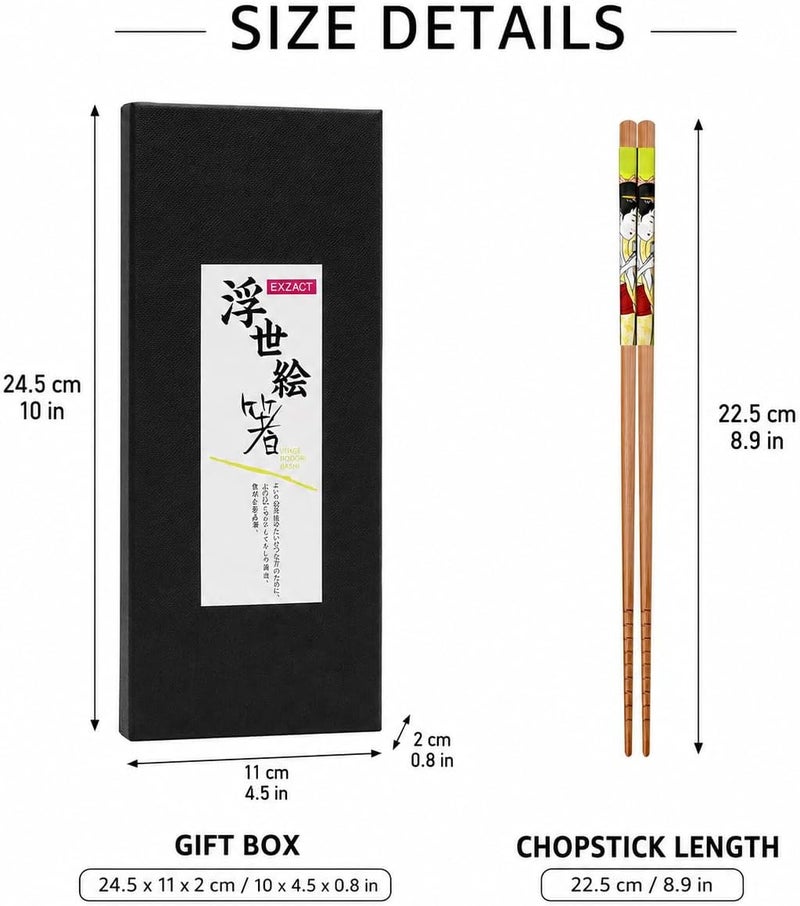 Exzact Chopsticks Gift Set - 5 Pairs of Reusable Natural Bamboo Chopsticks in a Beautiful Black Handmade Box - Decorated Japanese Style - Image 3