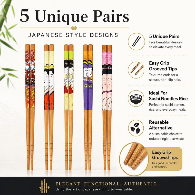 Exzact Chopsticks Gift Set - 5 Pairs of Reusable Natural Bamboo Chopsticks in a Beautiful Black Handmade Box - Decorated Japanese Style - Image 5
