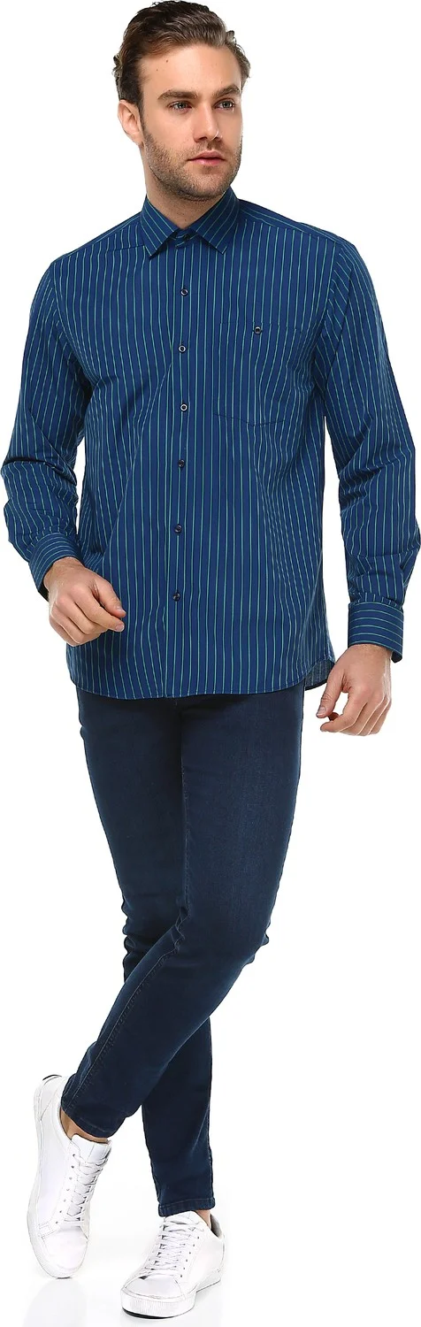 Varetta Men's Navy Blue Pocket Classic Cut Long Sleeve Striped Shirt