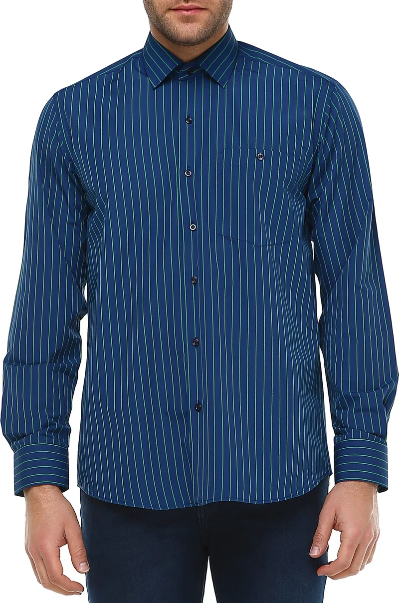 Varetta Men's Navy Blue Pocket Classic Cut Long Sleeve Striped Shirt
