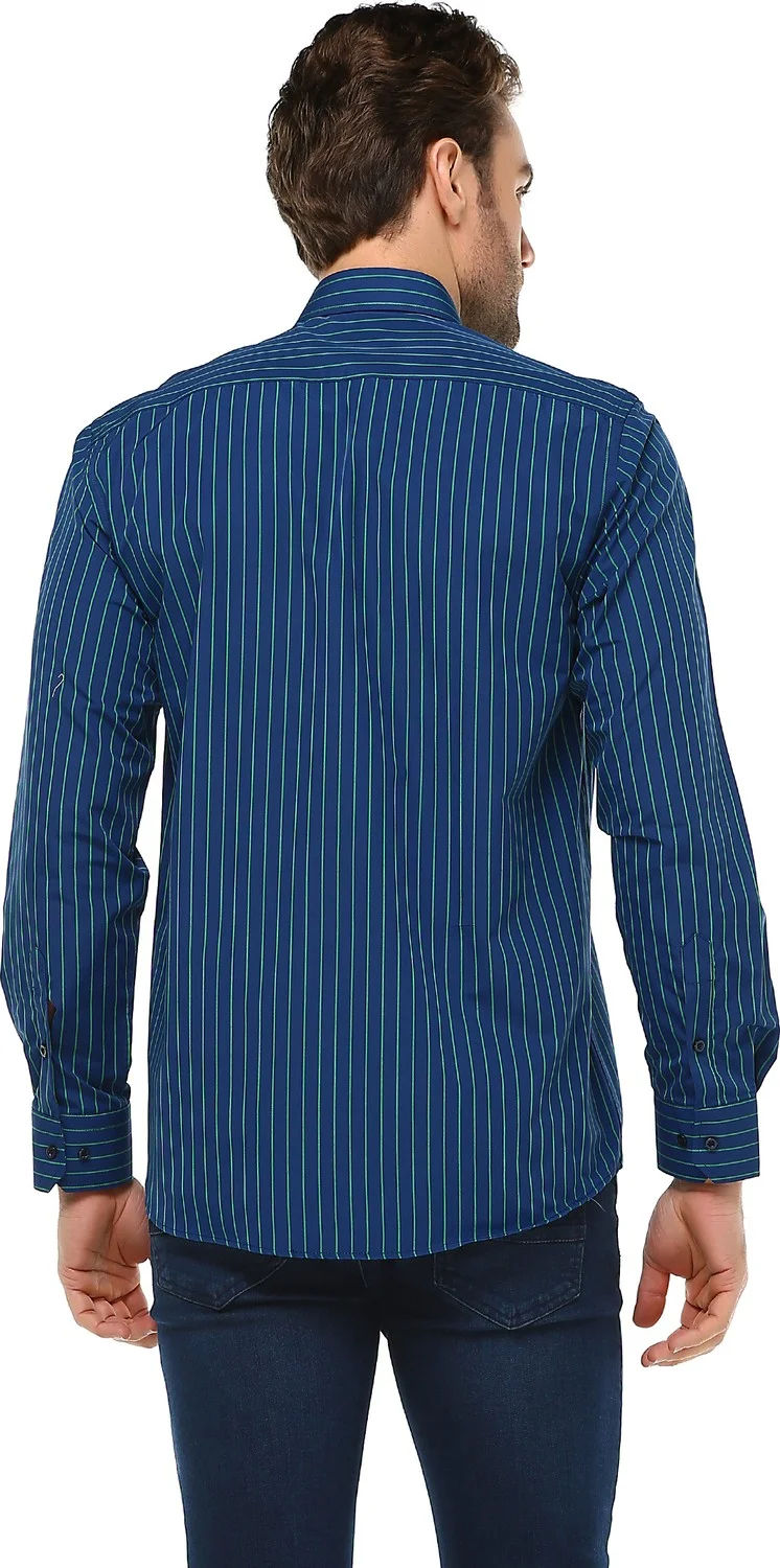 Varetta Men's Navy Blue Pocket Classic Cut Long Sleeve Striped Shirt