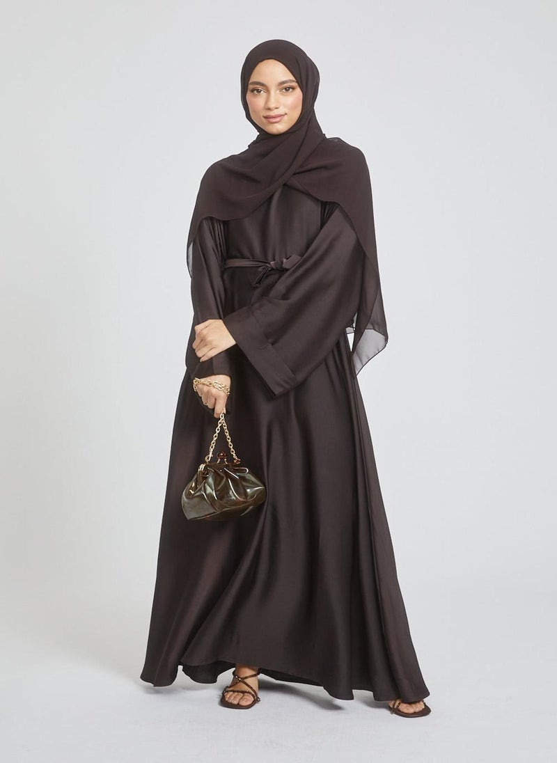 NUKHBAA Elegant Chocolate plain abaya wityh belt and Hijab-AB57 - Image 1