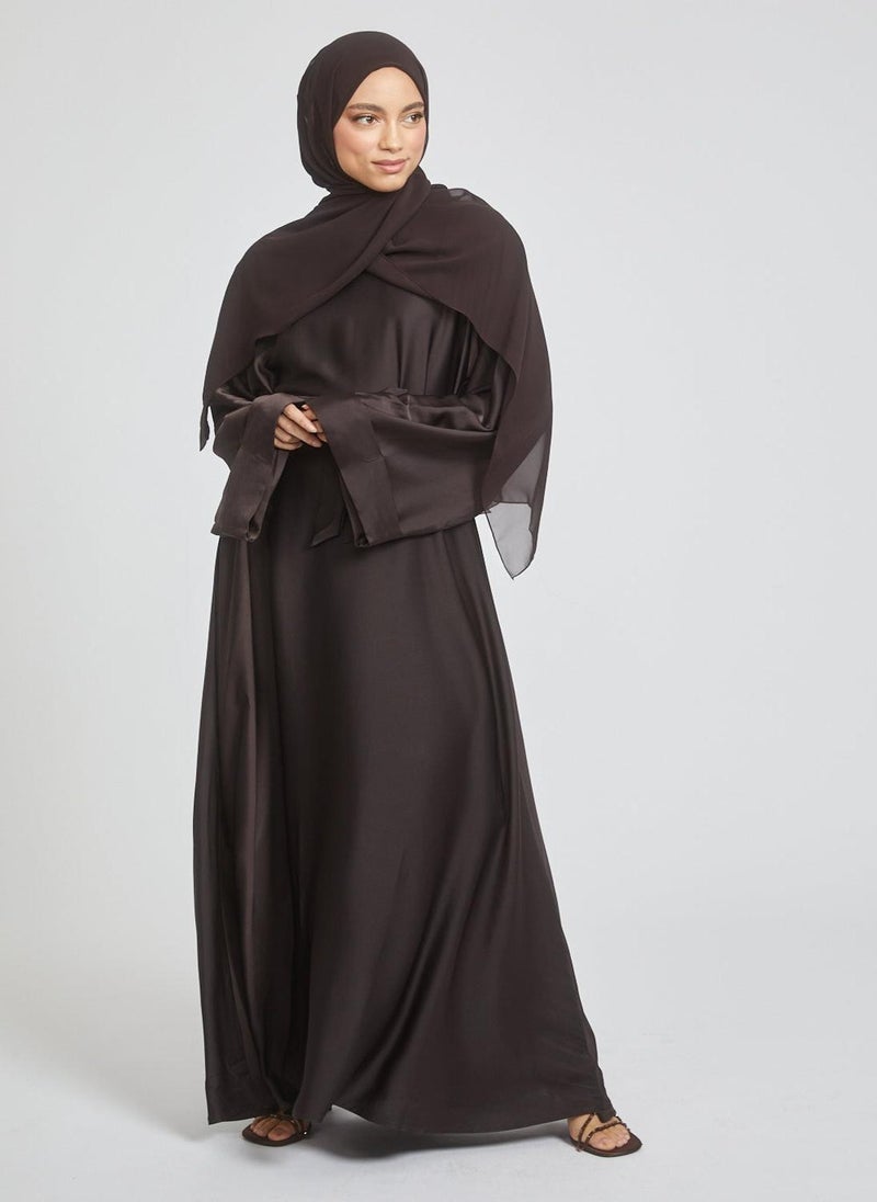 NUKHBAA Elegant Chocolate plain abaya wityh belt and Hijab-AB57 - Image 2