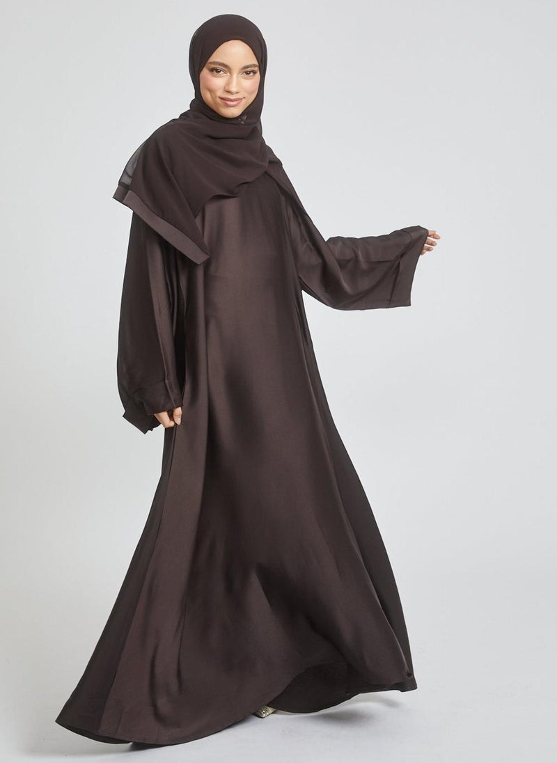 NUKHBAA Elegant Chocolate plain abaya wityh belt and Hijab-AB57 - Image 3