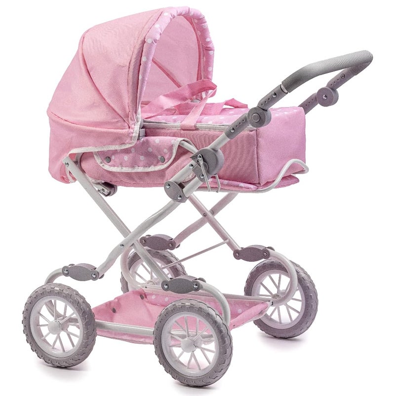JC Toys Berenguer Boutique Deluxe Foldable Baby Doll Stroller with Canopy Removable Carry Basket Pink Ages 3