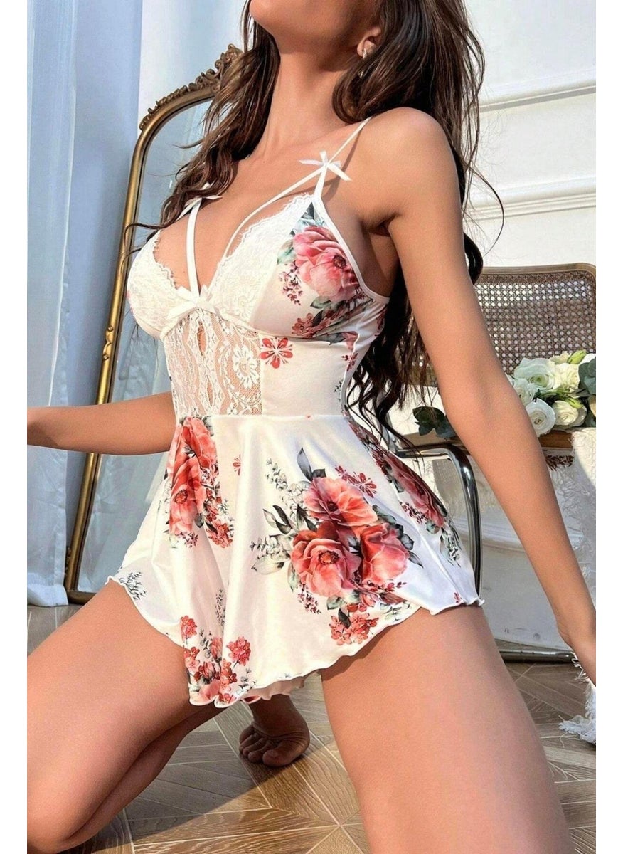 Bella Notte Romantic White Floral Patterned Jumpsuit Nightgown  - Image 4