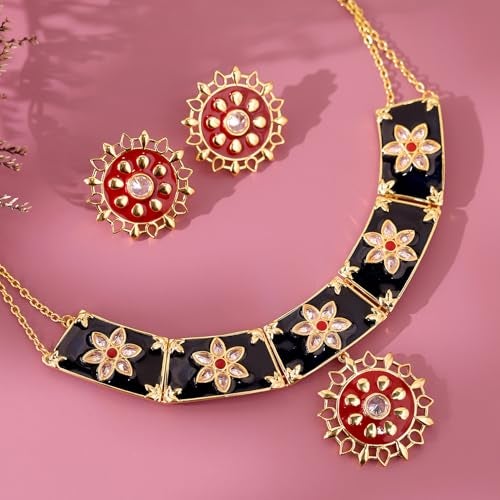 VOYLLA Gota Patti Rajsi Phool Necklace Set For Women, Gold Jewellery Set, Gift For Women & Girls, Enamelled Jewellery, Festive, Puja, Wedding, Gifting - Image 2